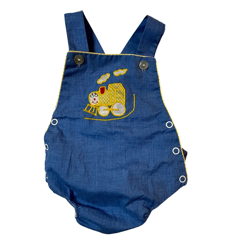 Vintage‎ Baby Train Romper 6-12M Blue Embroidered Choo Choo
